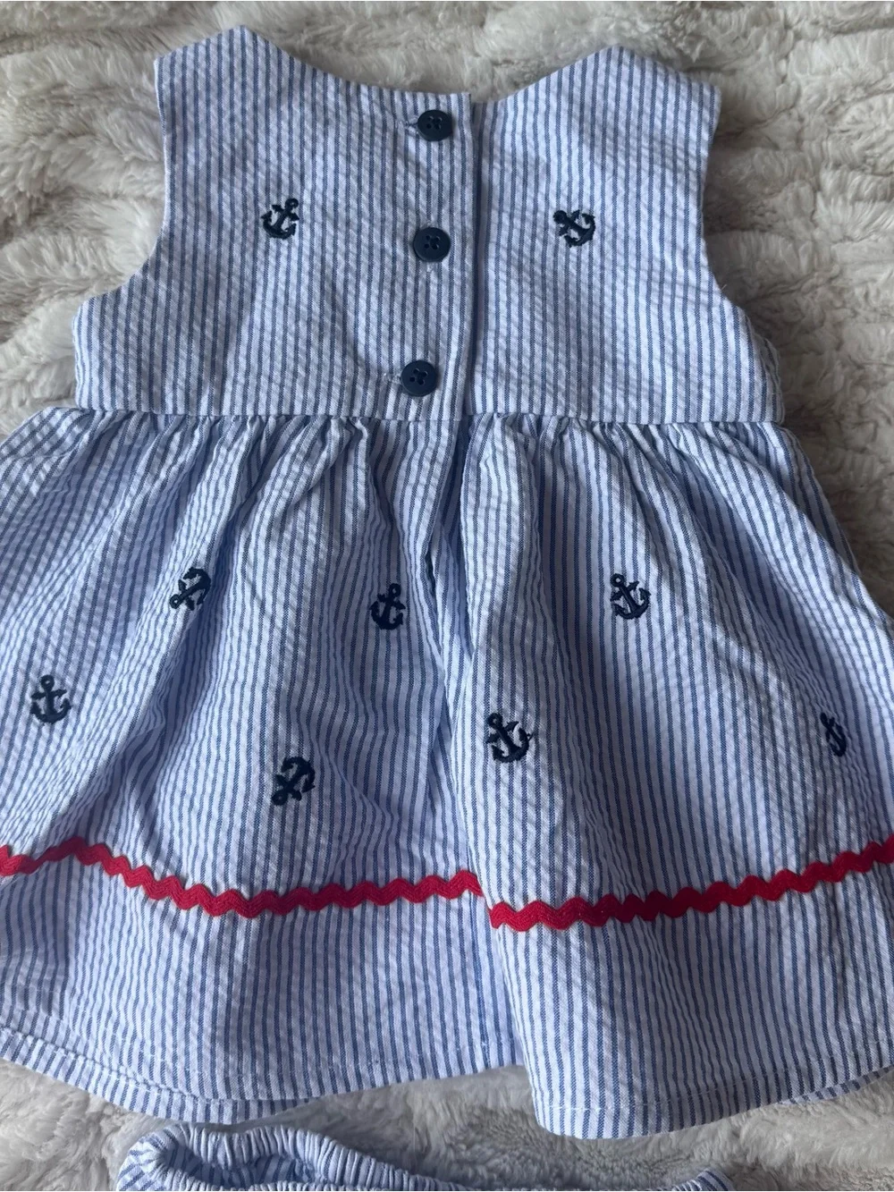 Starting Out 3M Blue Seersucker Nautical Anchor Dress & Bloomers Set